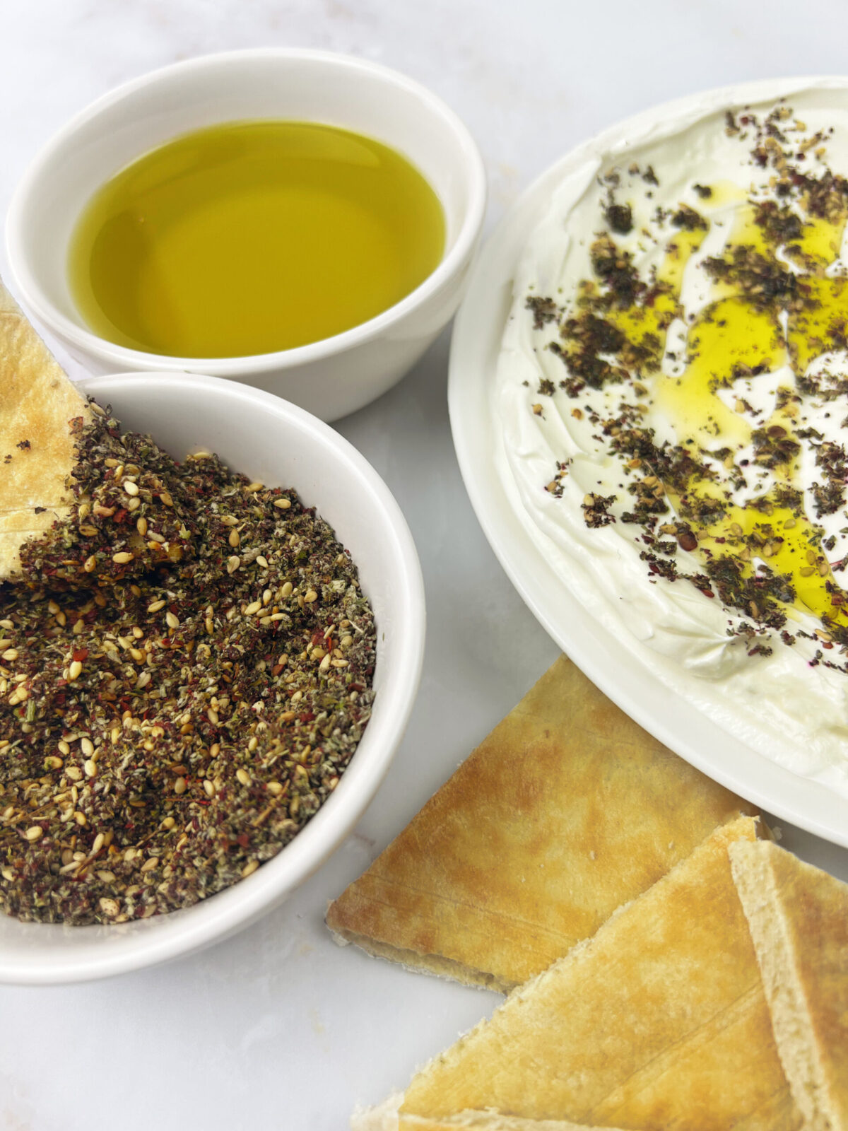 A Delicious Middle Eastern Breakfast Bowl with Homemade Zaatar Olive Oil, and Labaneh