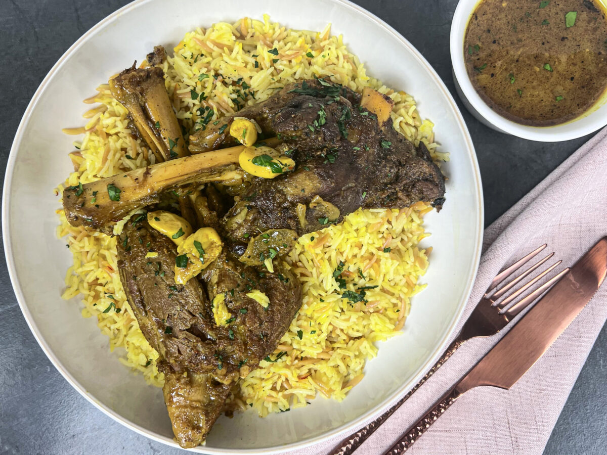 Braised Lamb Shanks on a Bed of Lebanese Rice Vermicelli with Flavorful Sauce