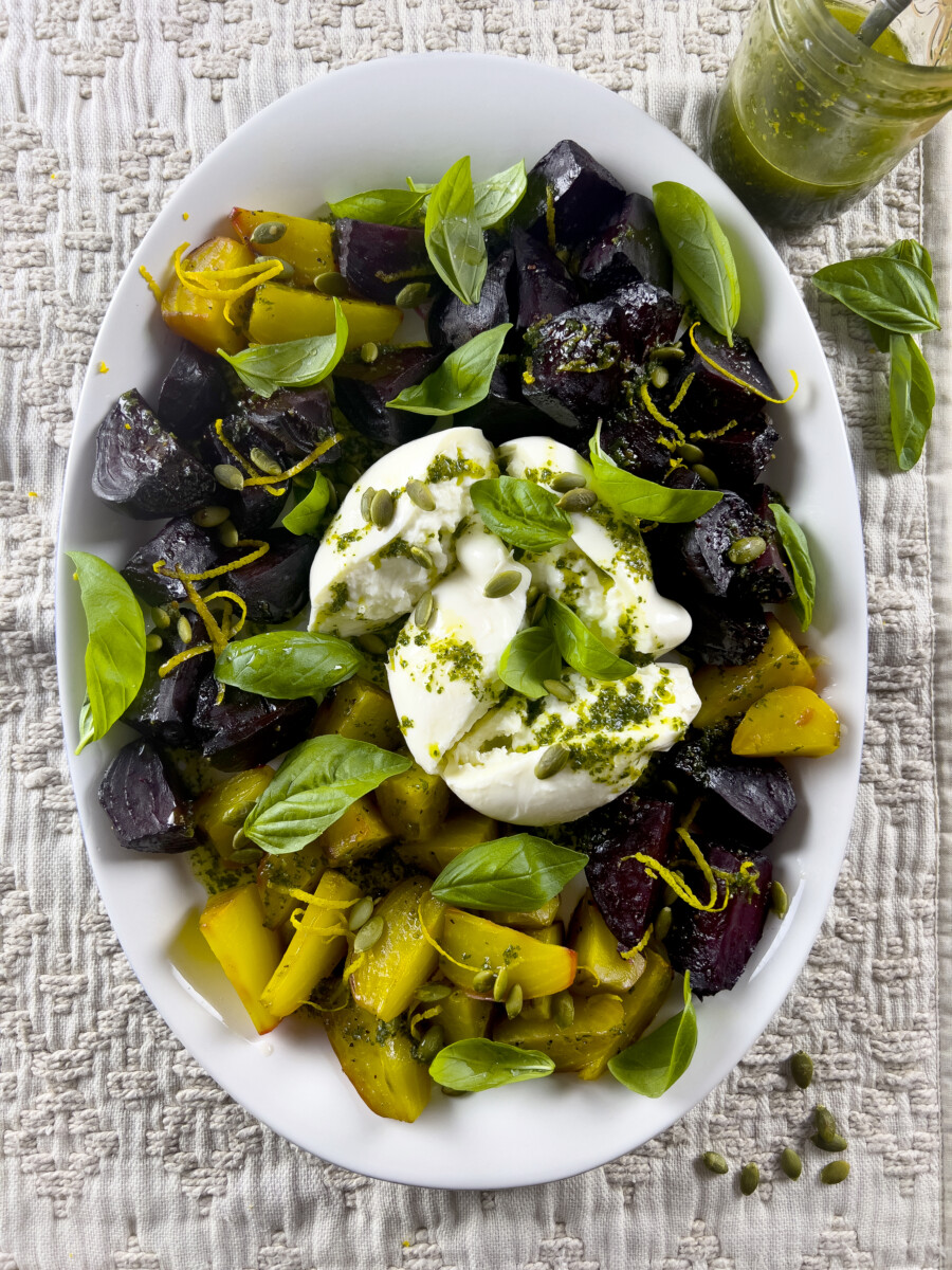 Roasted Beet and Burrata Salad on a white plate