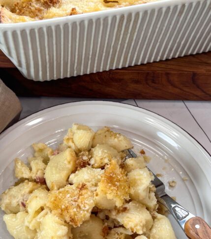 Plate of creamy best homemade mac and cheese.