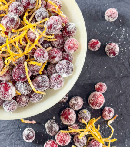 Bowl of Festive Sugared Cranberries with Orange Zest