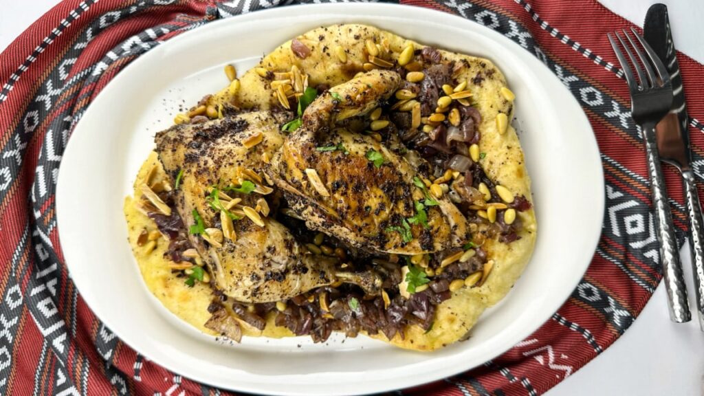 Palestinian Food Chicken Musakhan (Chicken, onions, and taboon bread with sumac)