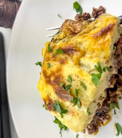 A perfect slice of homemade moussaka.