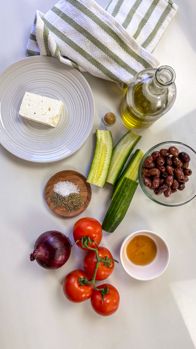Gather ingredients to start making your Greek salad