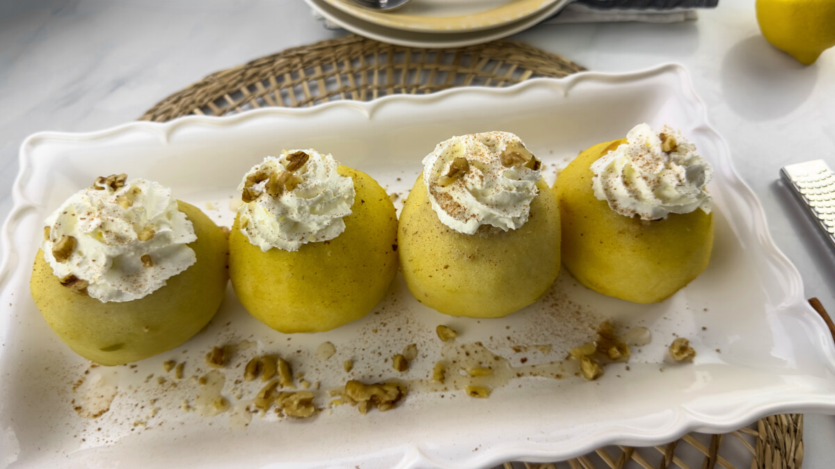  A platter of a delight in simple Mediterranean recipes with our Easy Stuffed Apple Dessert. topped with whipe cream and sprinkle with cinnamon . 