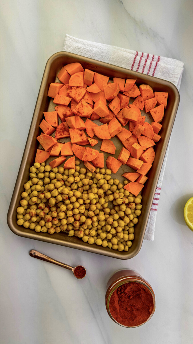 Tray of roasted sweet potato and garbanzo beans.