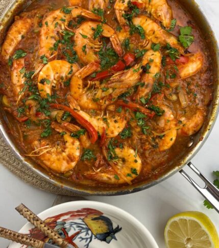 Delicious Mediterranean Shrimp with Harissa Sauce.