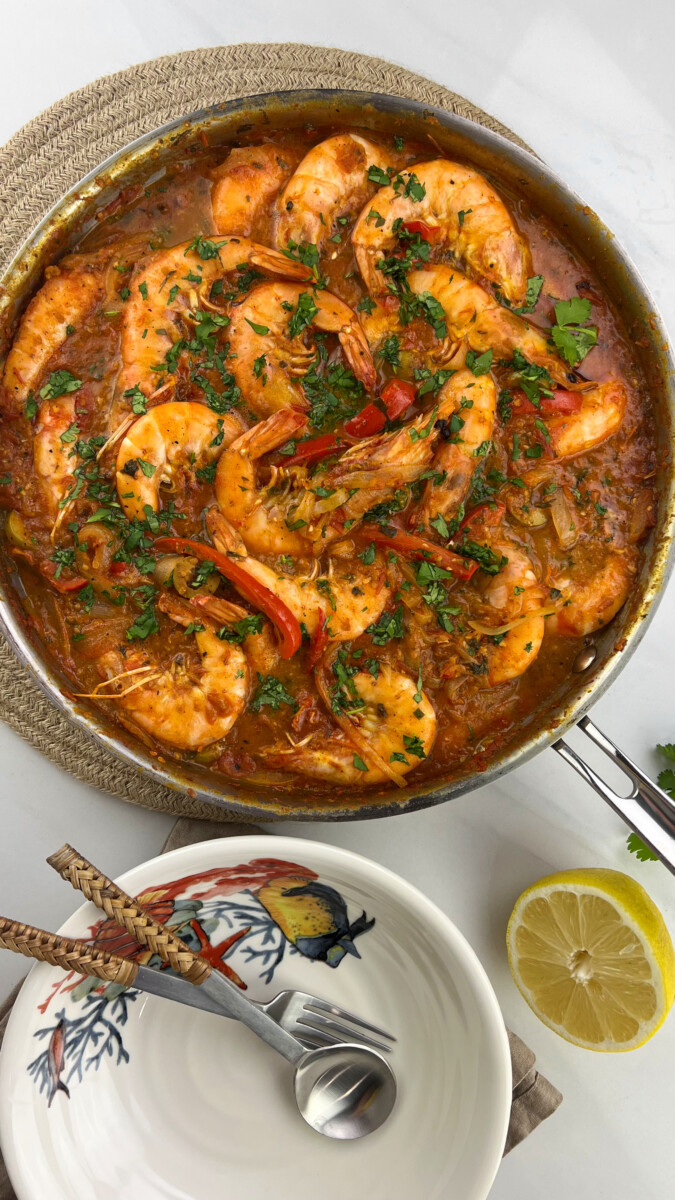 Delicious Mediterranean Shrimp with Harissa Sauce.
