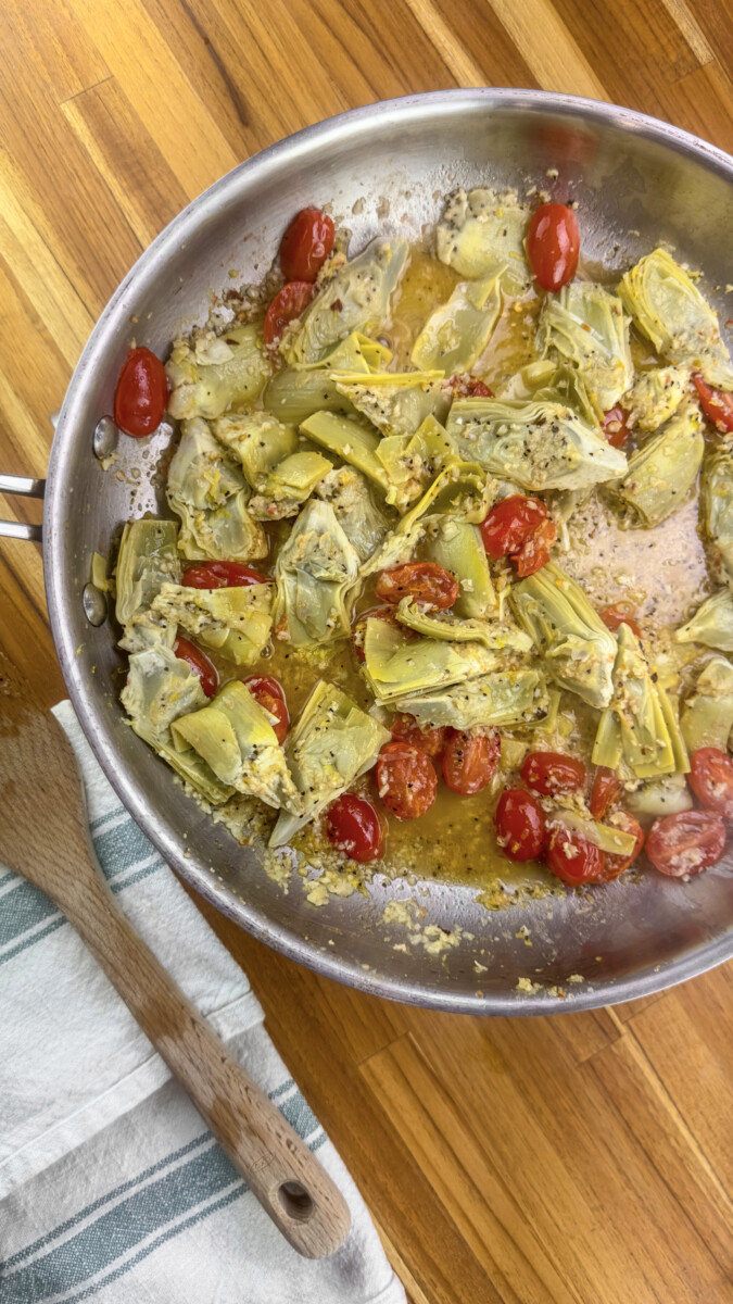 Cooking Artichoke Hearts and Tomatoes in Olive Oil Butter