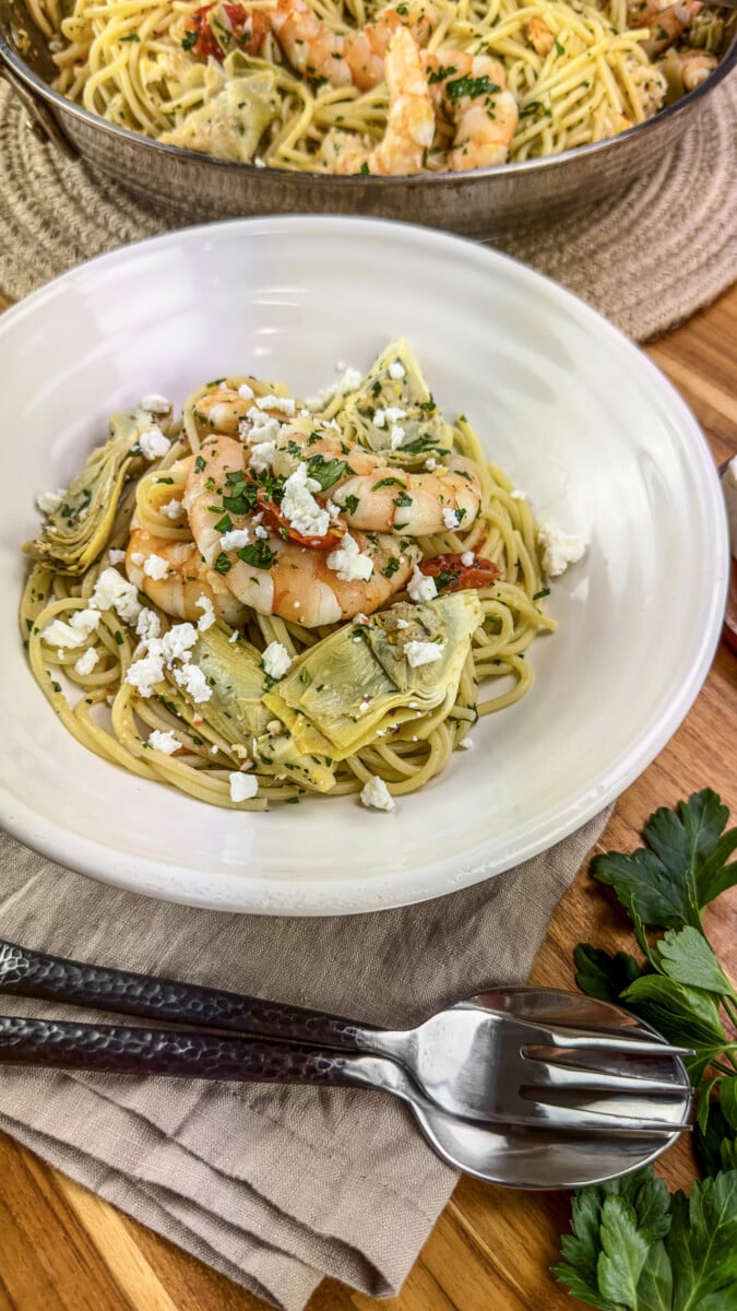 Bowl of Mediterranean Pasta with Shrimp and Feta