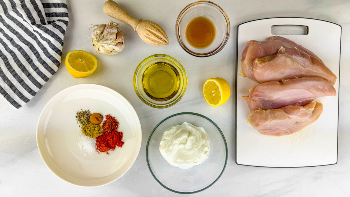 Ingredients for Mediterranean Chicken Kebab recipe measured and ready.
