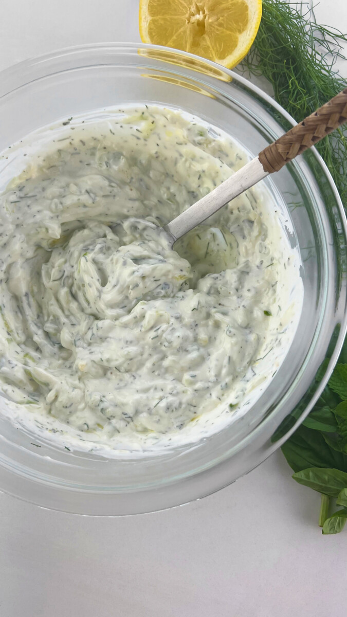 Creamy yogurt sauce with an abundance of fresh herbs.