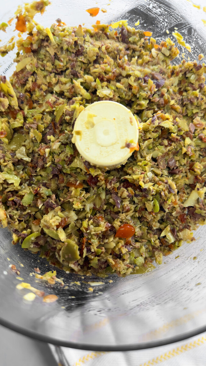 Coarse Processed Olive Tapenade Mix in Food Processor