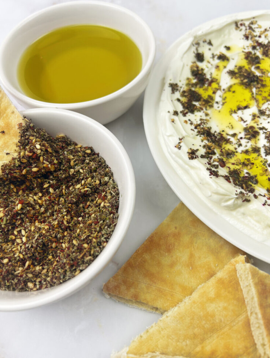 A Delicious Middle Eastern Breakfast Bowl with Homemade Za'atar, Olive Oil, and Labaneh