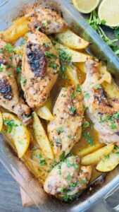 A deliciously golden Greek Lemon Chicken dish, ready to be enjoyed.