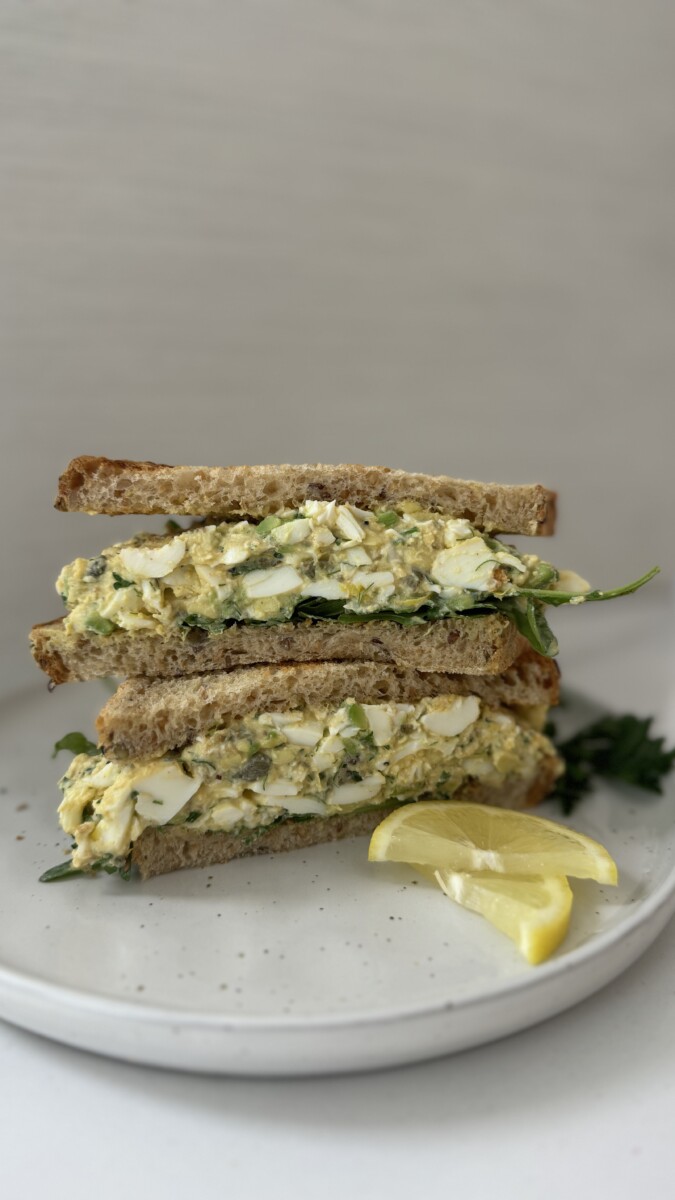 No-mayo egg salad sandwich on whole grain bread.