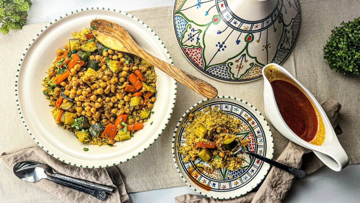 Tunisian couscous made in a traditional tagine.