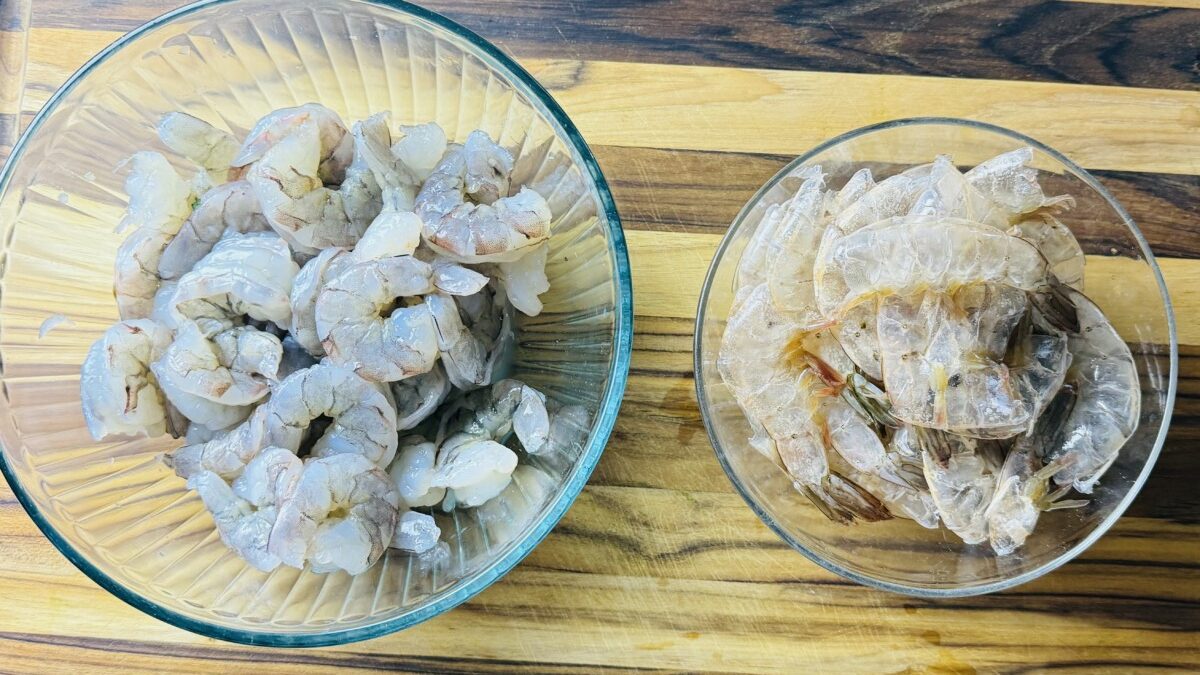 Raw shrimp cleaned, shelled, and deveined, ready for marinating.