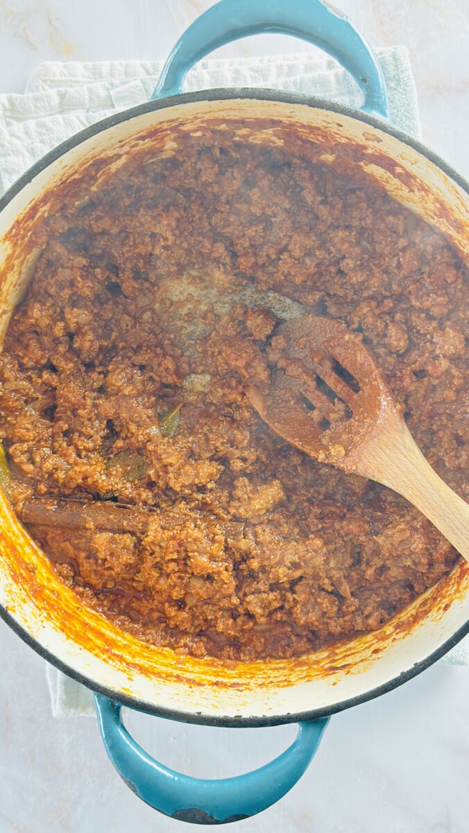 Greek Pastitsio meat sauce after 40 minutes of simmering — thick, rich, and full of deep flavor.