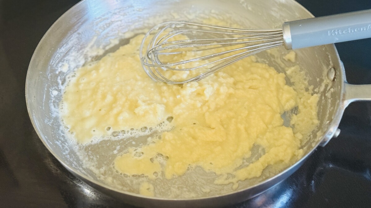 Butter and flour whisked together in a saucepan to make a roux for thickening Beef Bourguignon
