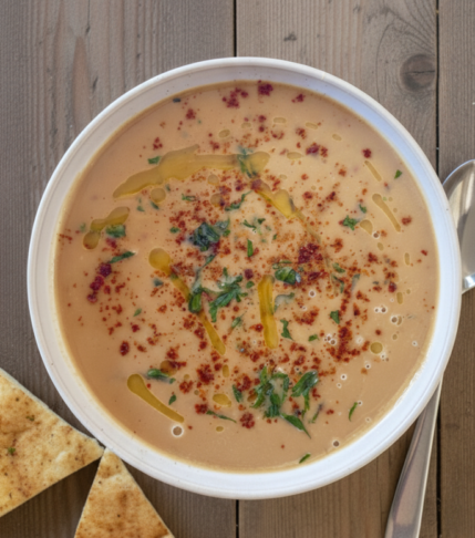 Bowl of creamy bissara soup garnished with olive oil drizzle, cumin, harissa, and paprika on rustic board with pita bread and spoon