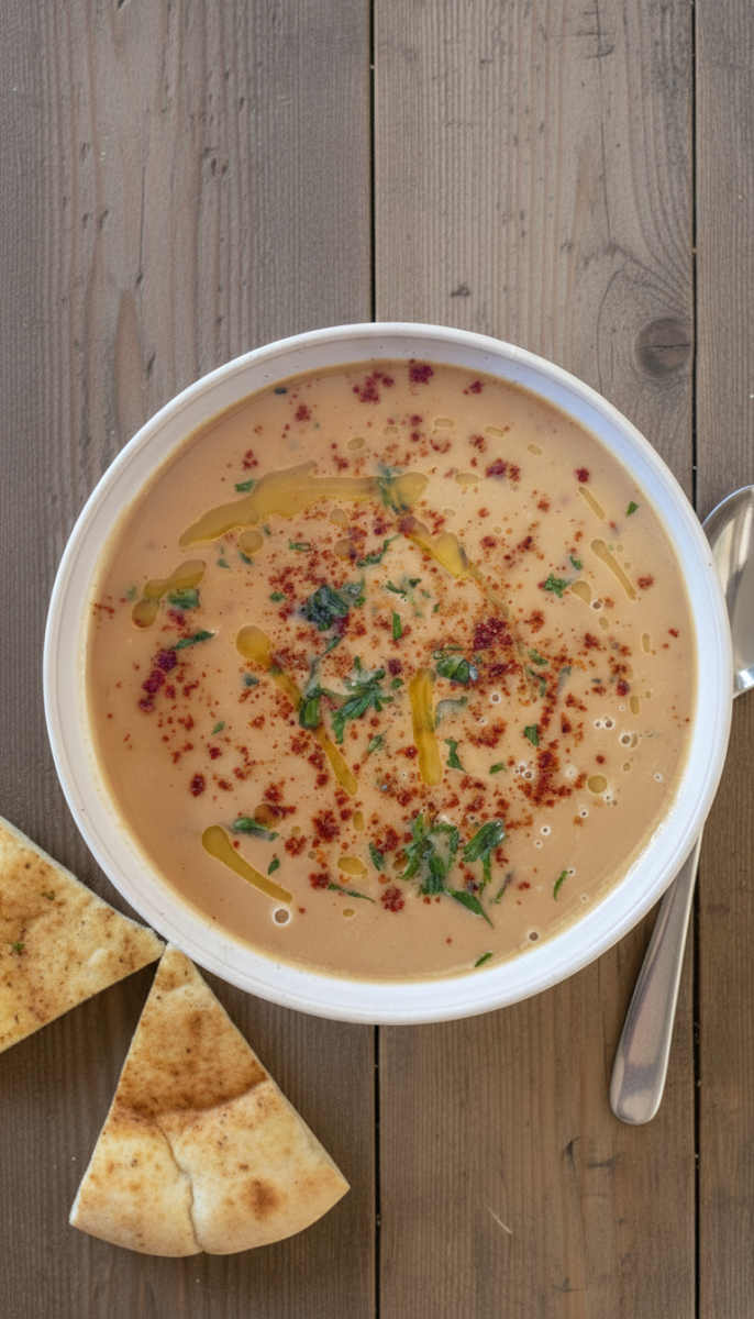 Bowl of creamy bissara soup garnished with olive oil drizzle, cumin, harissa, and paprika on rustic board with pita bread and spoon