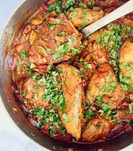Rustic chicken cacciatore with fall-off-the-bone chicken, porcini and cremini mushrooms in red wine tomato sauce in a cast iron Dutch oven