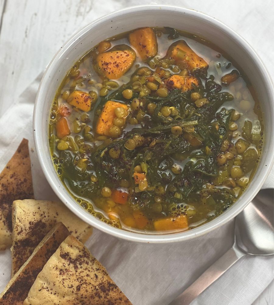 Lentil soup with kale and sweet potatoes for Iftar
